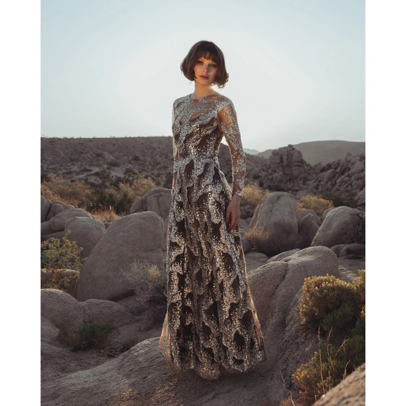 Mac Duggal Brown Embellished Long Sleeve High Neck Evening Gown $698 - Size 12 - Picture 2 of 14